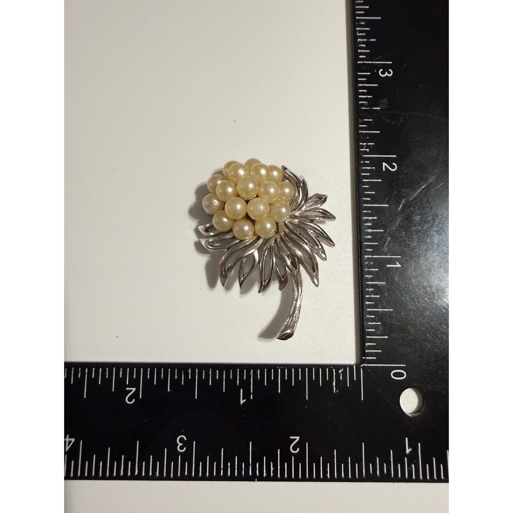 Vintage Crown Trifari Silver Tone Faux Pearl Floral Thistle Brooch Pin Signed